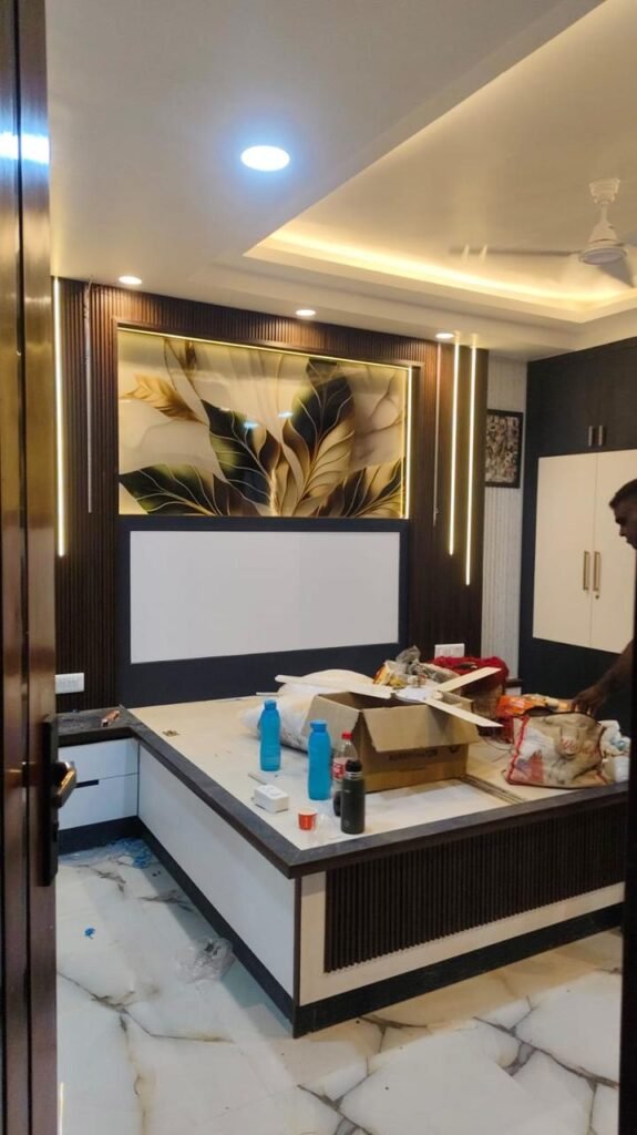 Bedroom with panelled bed back, LED wall art and cove ceiling