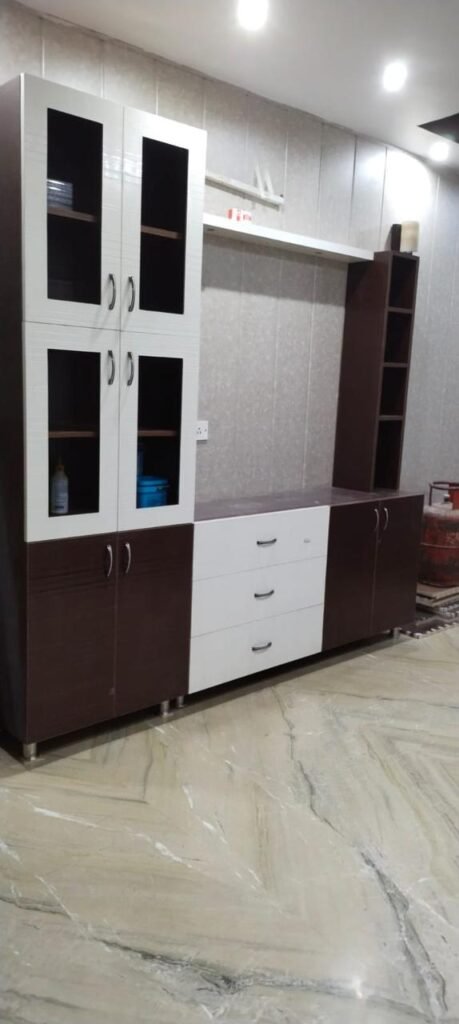 Crockery and display unit in brown and white