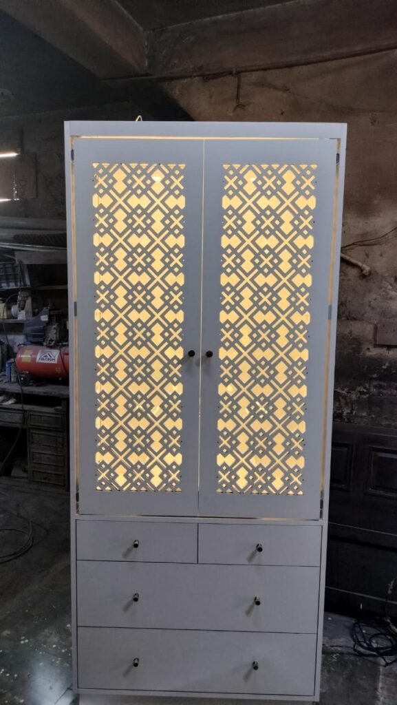 Backlit jaali cabinet front view - factory made