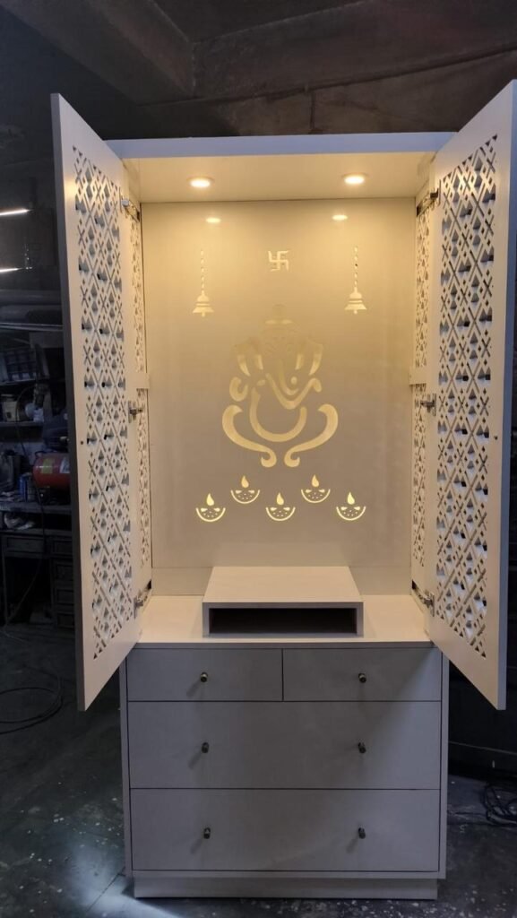 Backlit pooja unit with jaali doors - factory made